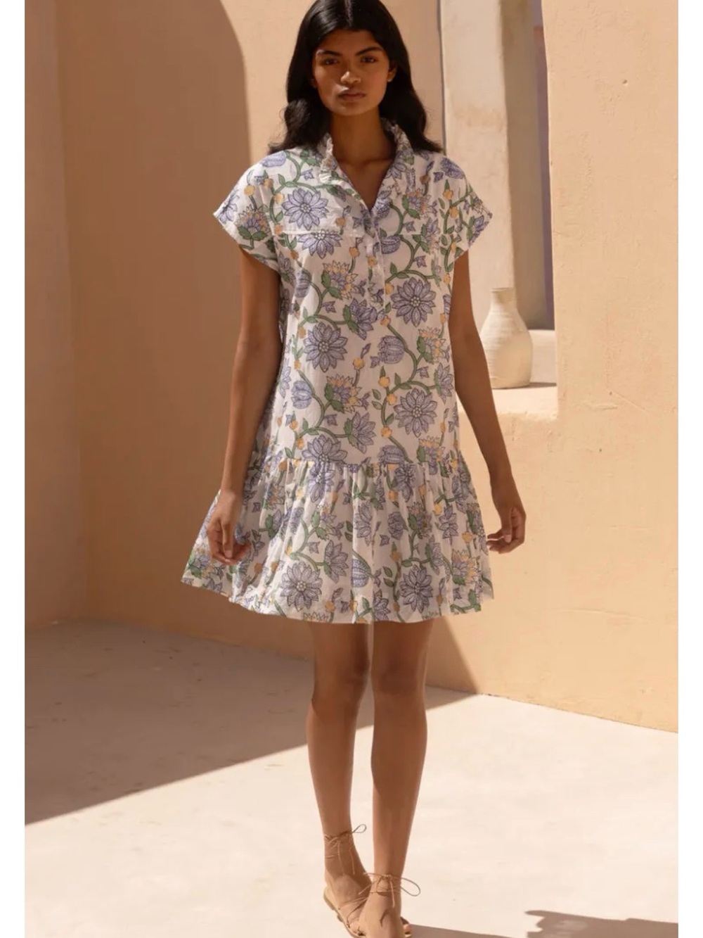 Oliphant Presidio Blue Floral Cotton Cap Sleeve Mini Dress Size M Current Style